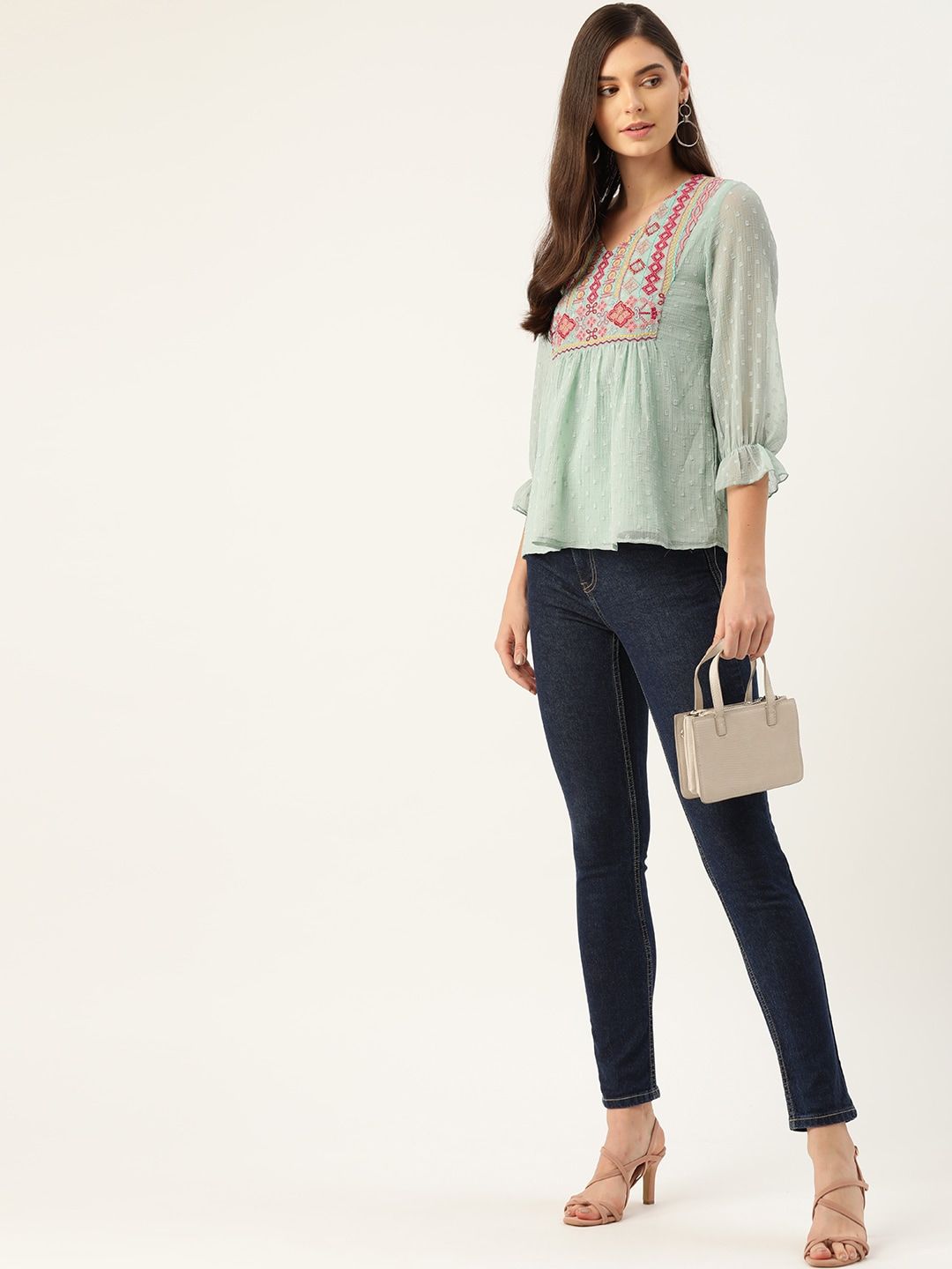Antheaa Sea Green & Pink Yoke Embroidered Dobby Weave A-Line Top