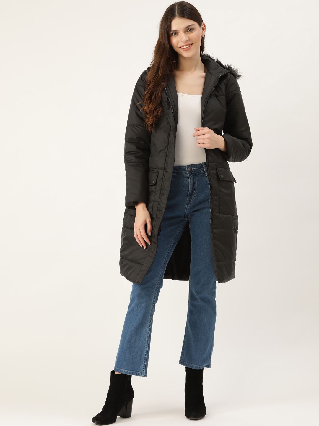 DressBerry Women Black Solid Longline Parka Jacket