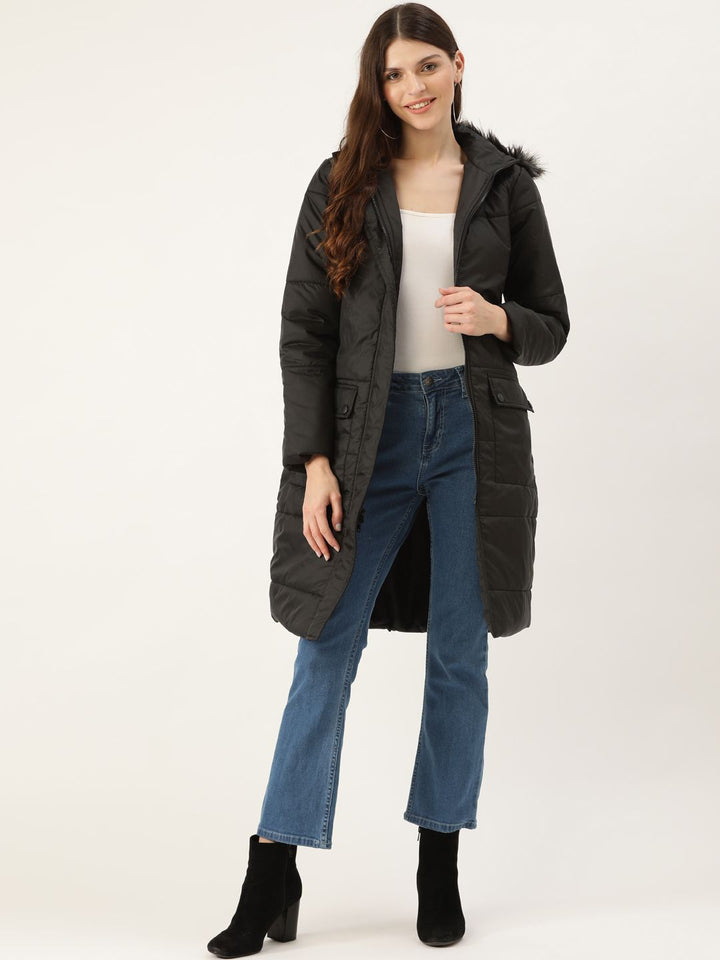 DressBerry Women Black Solid Longline Parka Jacket