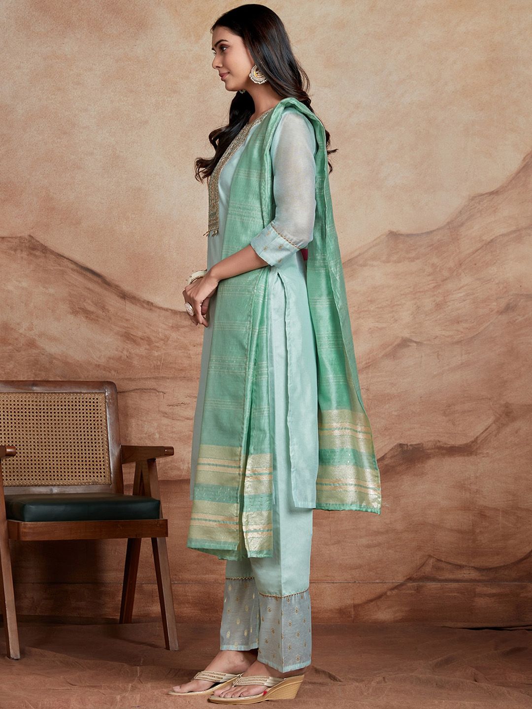 KALINI Ethnic Motifs Embroidered Sequinned Chanderi Silk Kurta with Palazzos & Dupatta