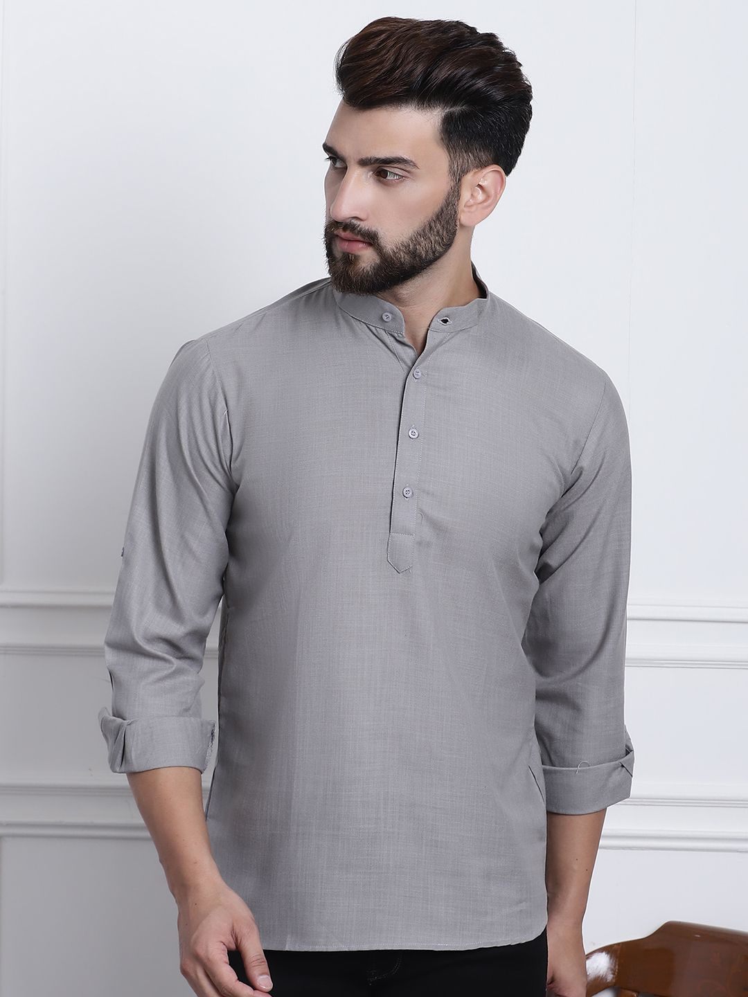 Anug by SOJANYA Men Grey Band Collar Kurta