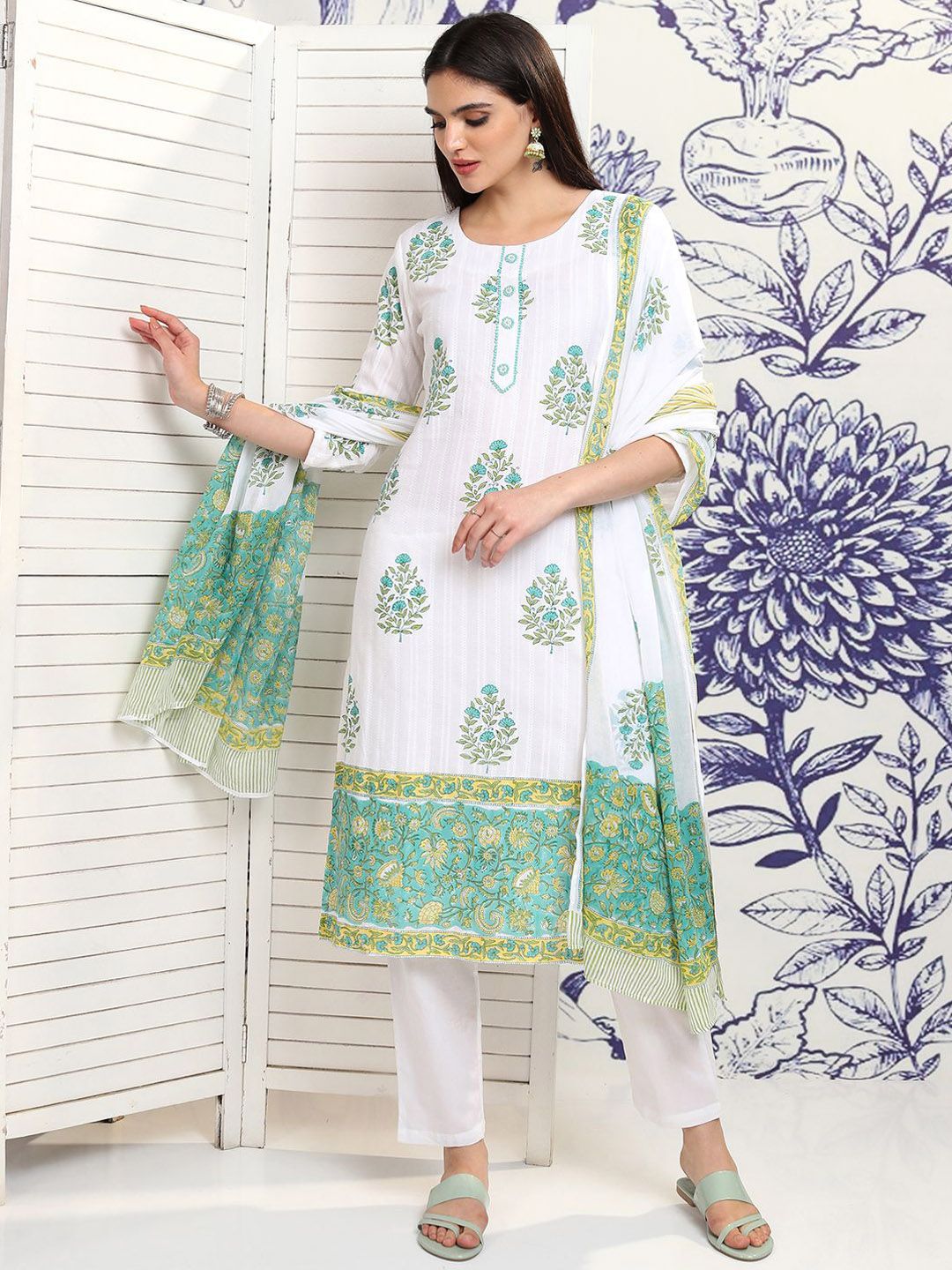 Vishudh White Floral Printed Pure Cotton Straight Kurta With Trousers & Dupatta