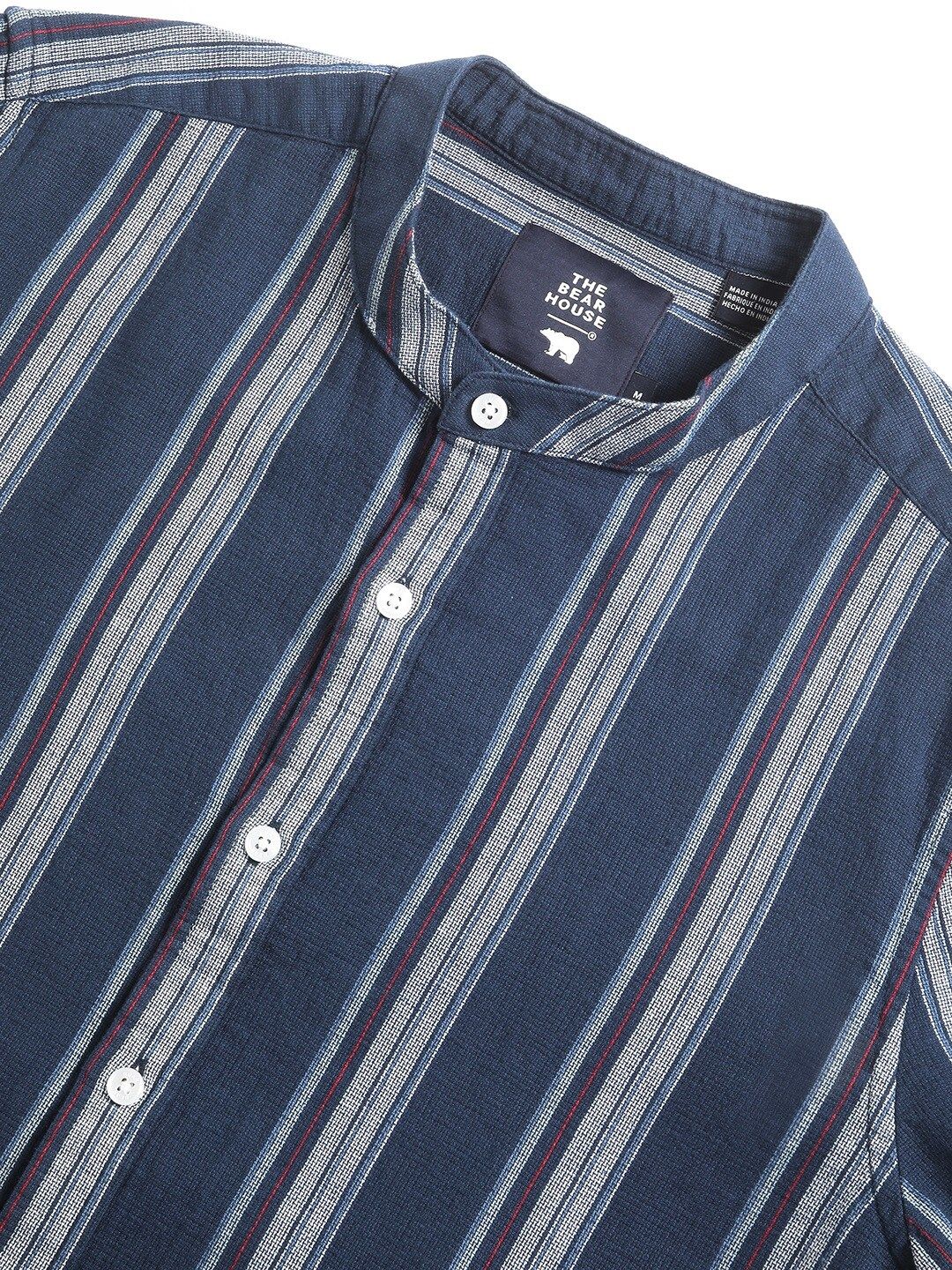 THE BEAR HOUSE Men Striped Slim Fit Mandarin Collar Casual Shirt