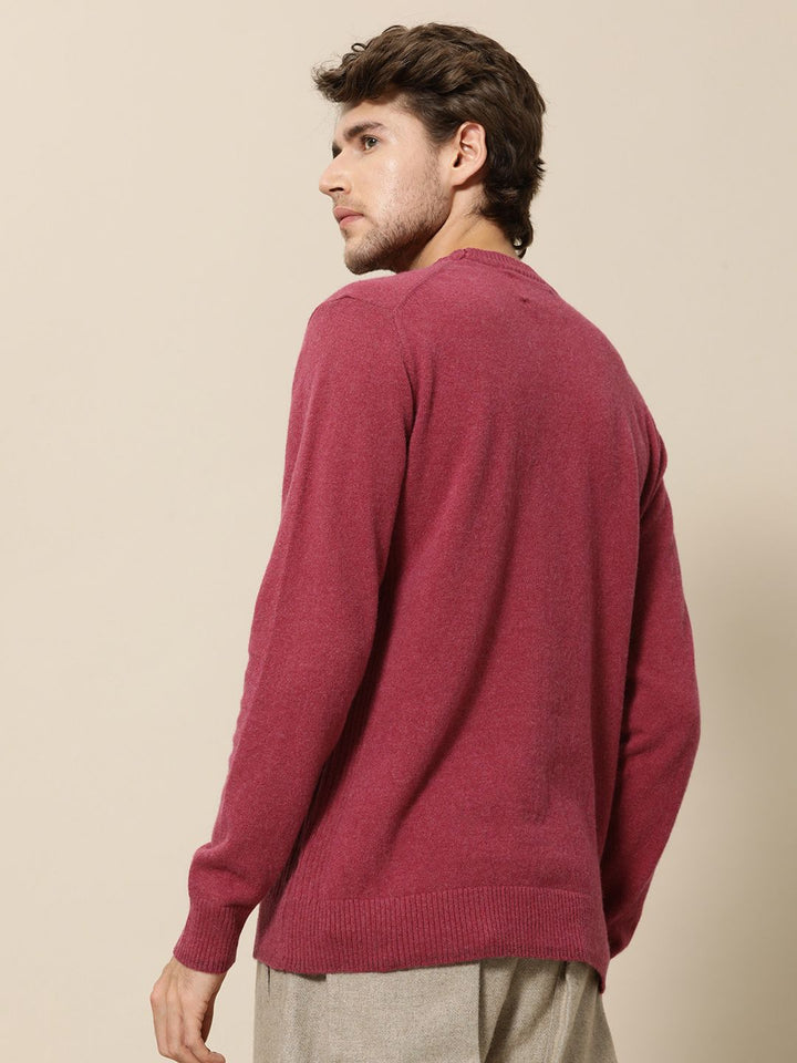 Mr Bowerbird Men Magenta Solid Round-Neck Pullover Sweater