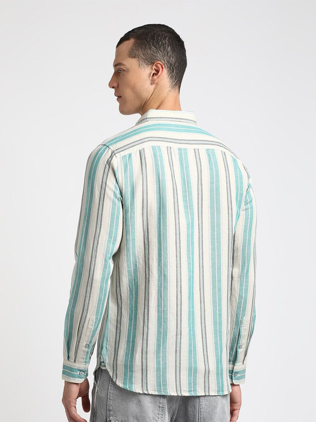 THE BEAR HOUSE Button-Down Collar Slim Fit Striped Casual Cotton Linen Shirt