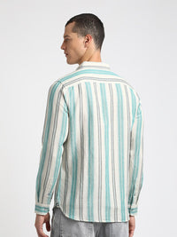 THE BEAR HOUSE Button-Down Collar Slim Fit Striped Casual Cotton Linen Shirt