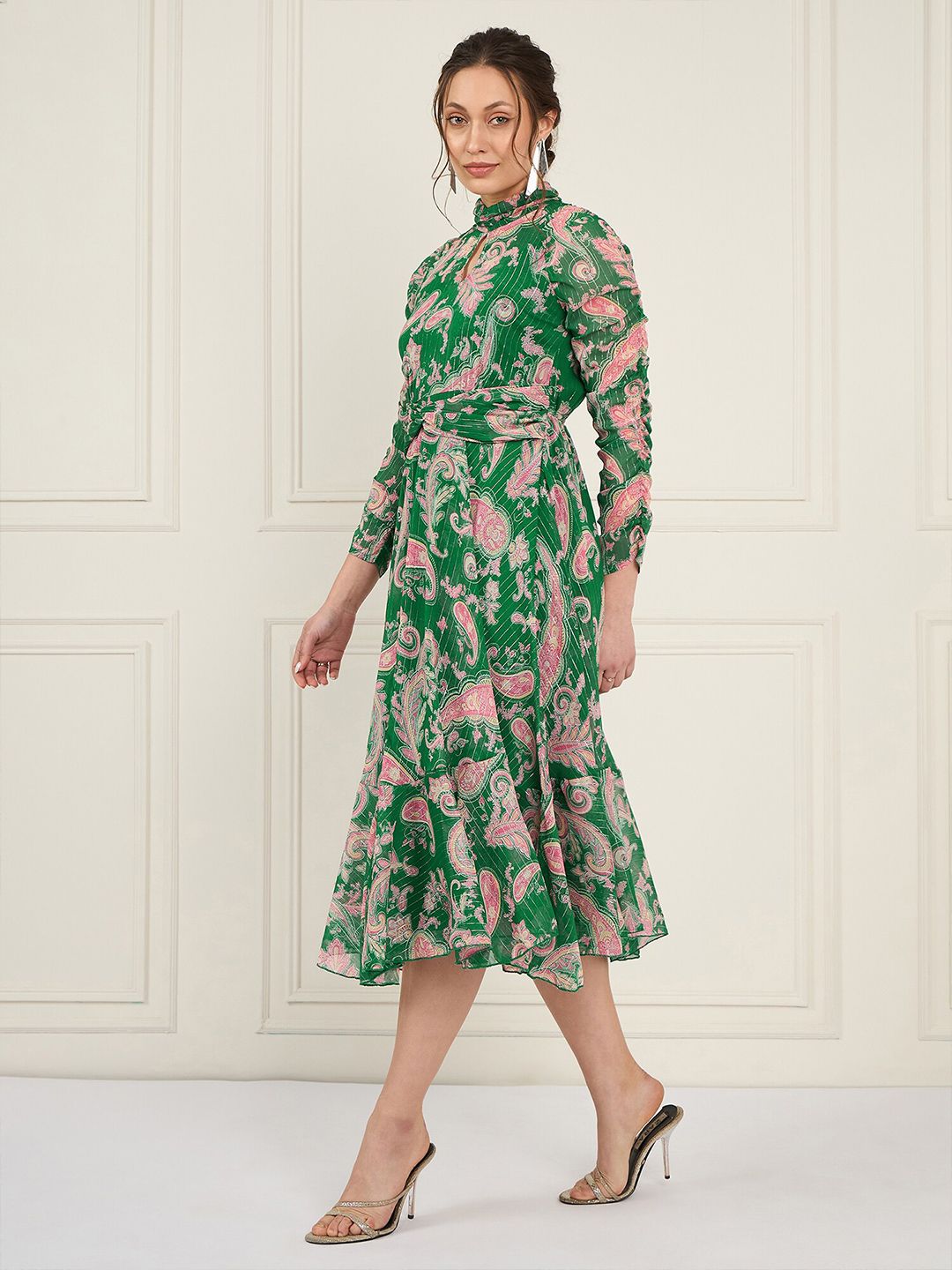 Antheaa Floral Printed Chiffon High Neck Fit & Flare Midi Dress