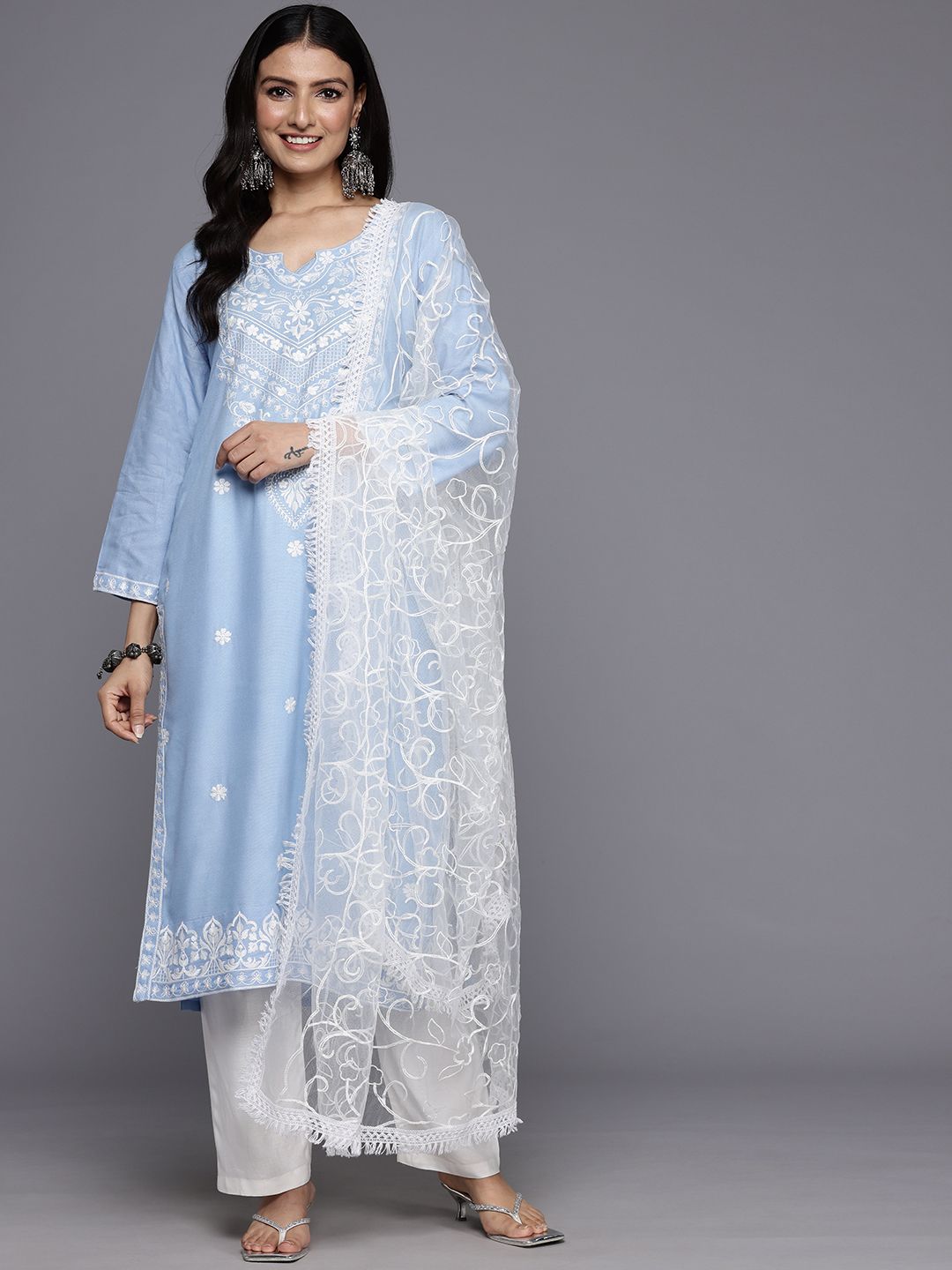 Varanga Floral Embroidered Thread Work Kurta With Trousers & Dupatta