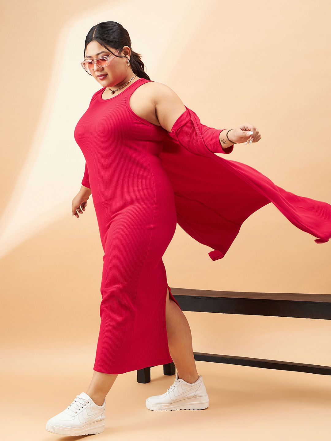 SASSAFRAS Curve Plus Size Red Ribbed Sleeveless Sheath Midi Dress With Shrug