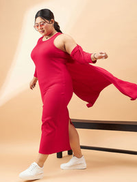 SASSAFRAS Curve Plus Size Red Ribbed Sleeveless Sheath Midi Dress With Shrug