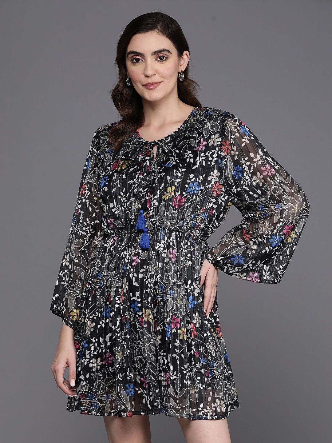Indo Era Floral Print Flared Sleeves Gathered Or Pleated Georgette A-Line Dress