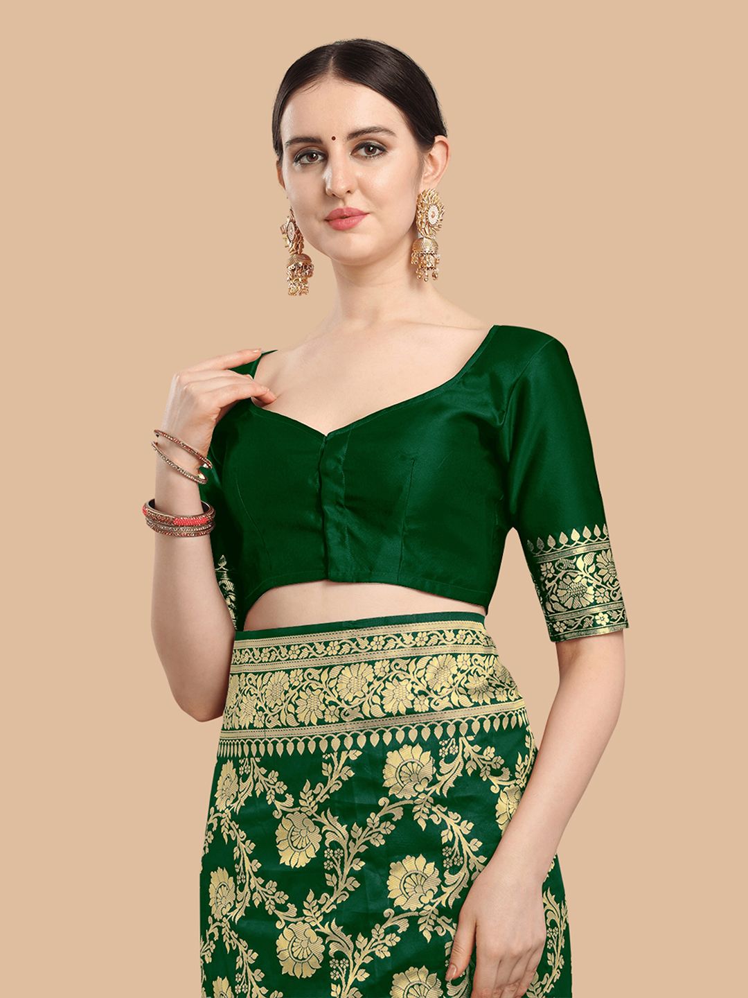 KALINI Green & Gold-Toned Woven Design Silk Blend Banarasi Saree