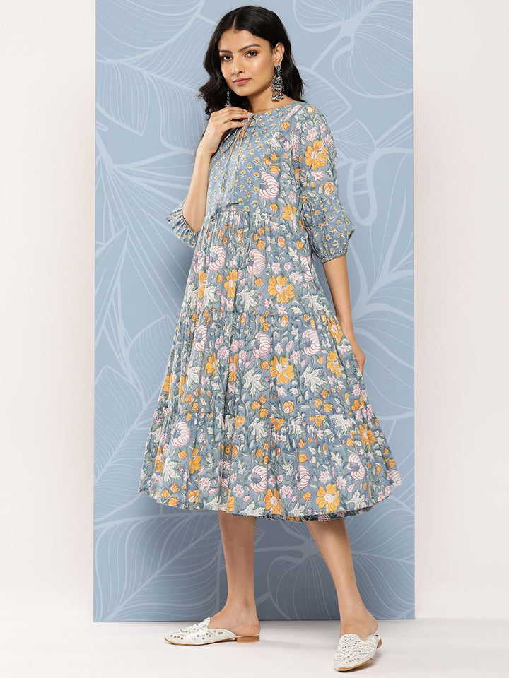 Libas Blue & Yellow Floral Print Tie-Up Neck Puff Sleeve Fit & Flare Midi Dress