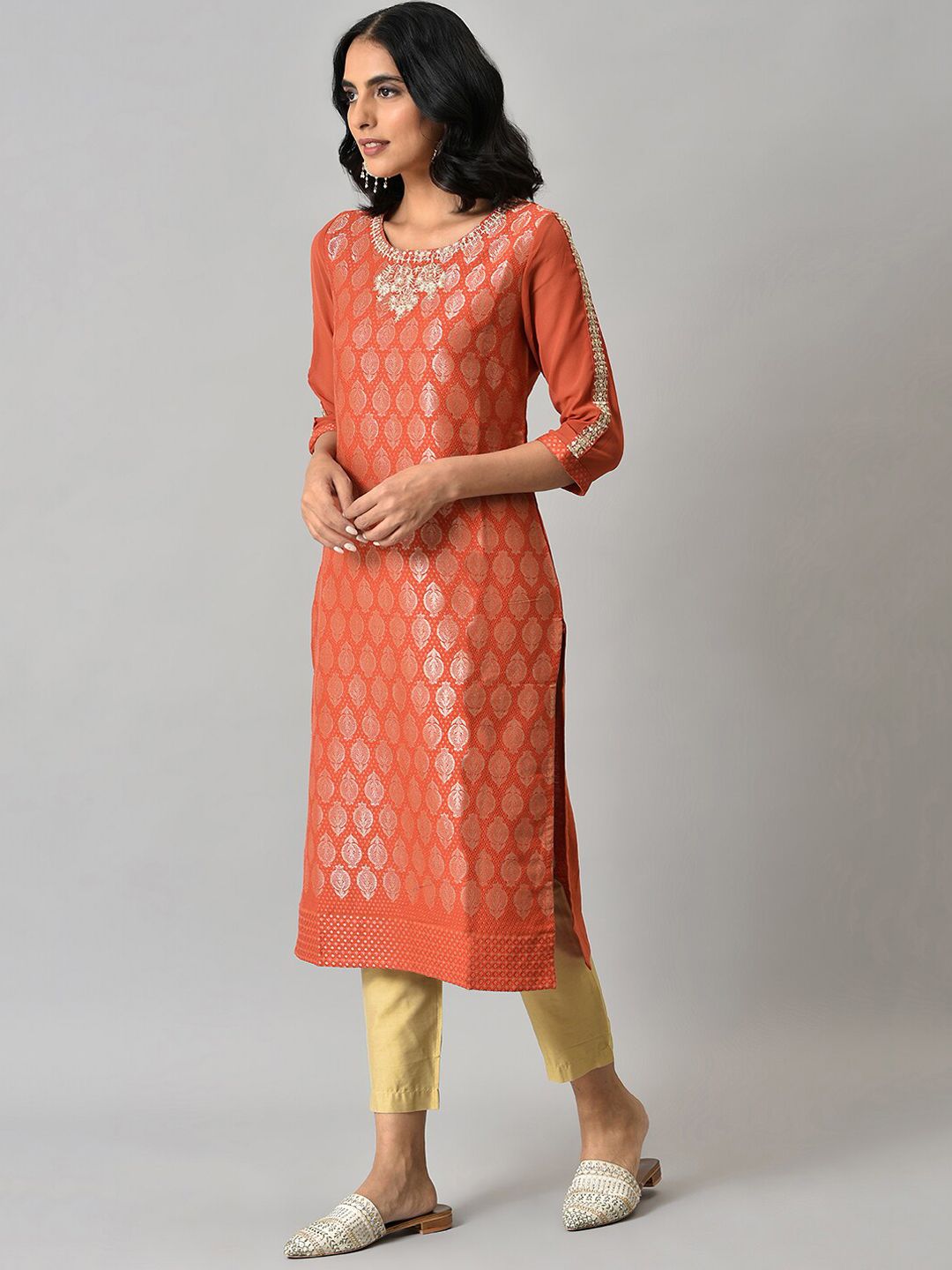 W Women Orange Ethnic Motifs Woven Design With Zari Work Kurta