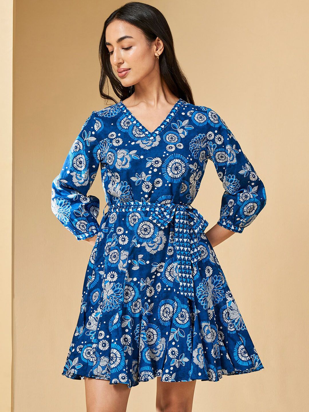 Global Desi Floral Printed Cuffed Sleeves Gathered Cotton Fit & Flare Ethnic Dress