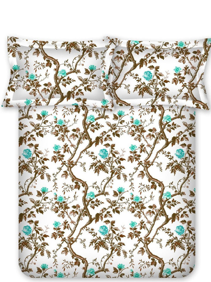 BOMBAY DYEING Brown Floral Cotton 144 TC Fitted Queen Bedsheet Set-1.52cmX1.98 cmX 30 cm