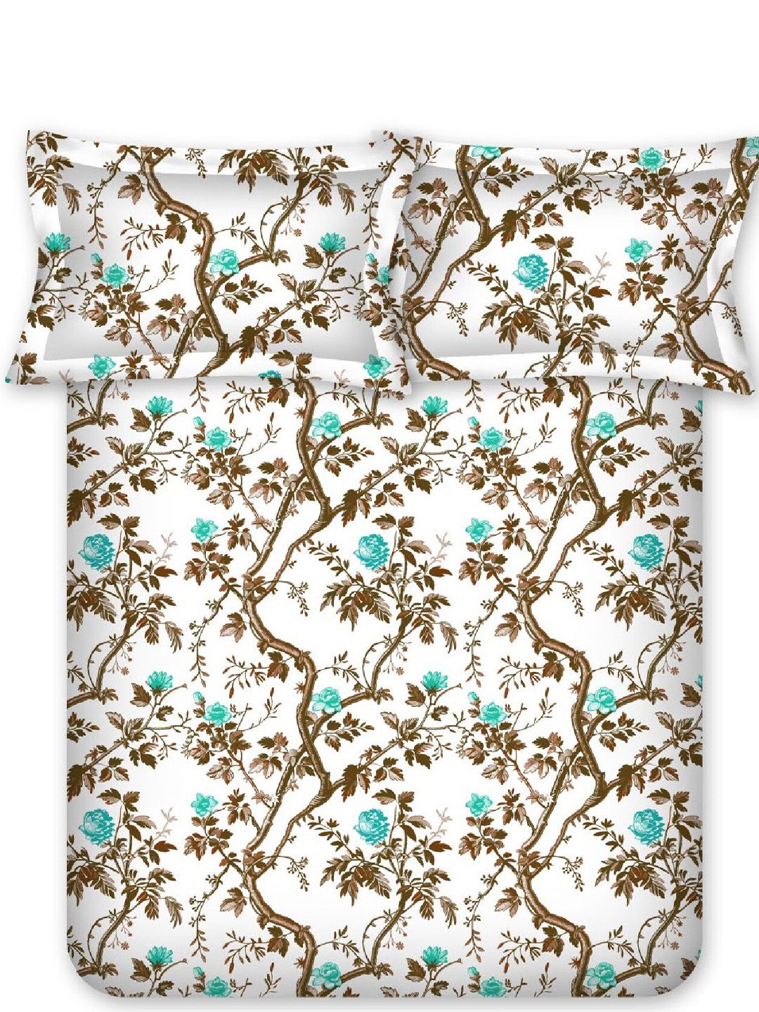 BOMBAY DYEING Brown Floral Cotton 144 TC Fitted Queen Bedsheet Set-1.52cmX1.98 cmX 30 cm