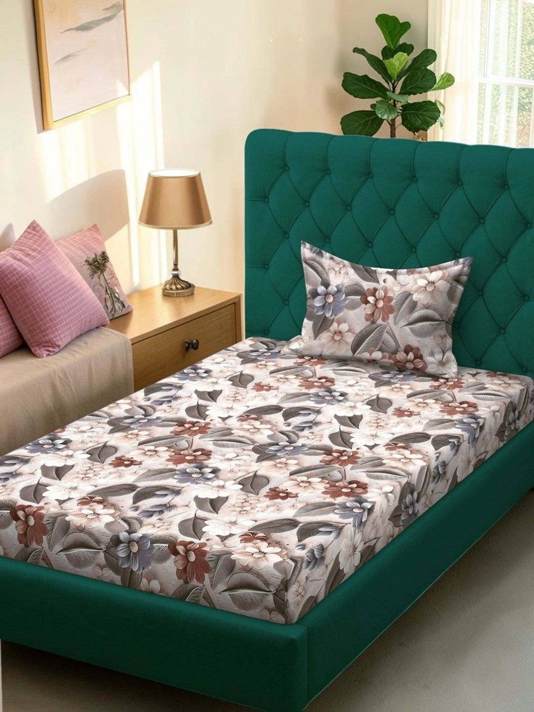 Moda Rapido X KLOTTHE Beige & Brown Floral 300 TC Single Bedsheet with 1 Pillow Covers