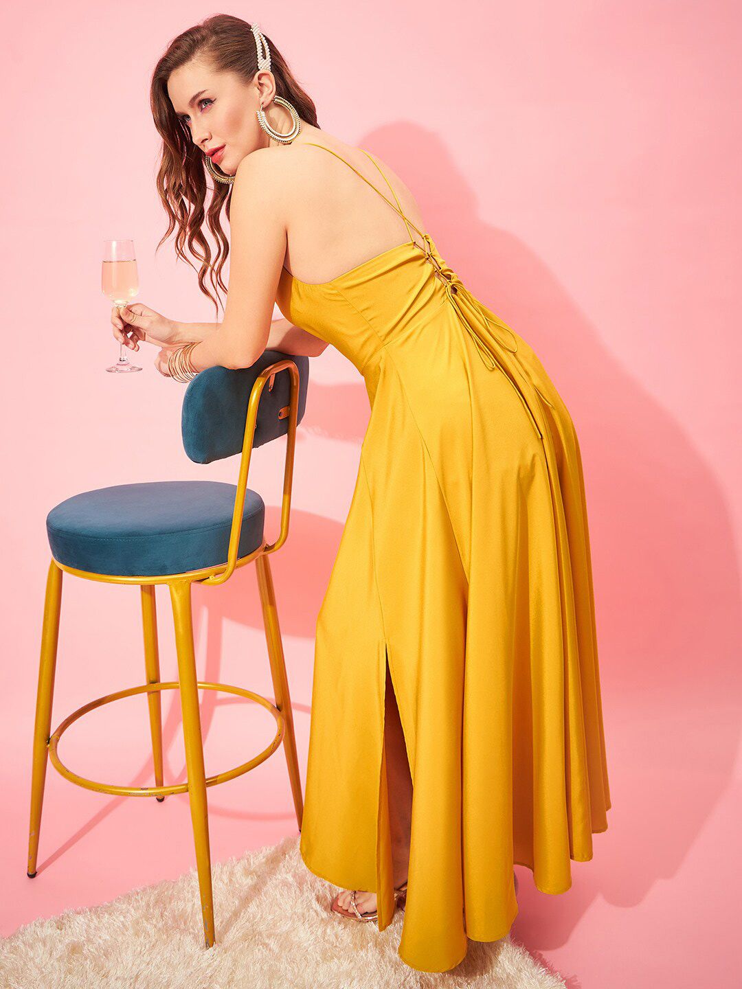Berrylush Yellow Shoulder Straps Tie Ups Maxi Dress