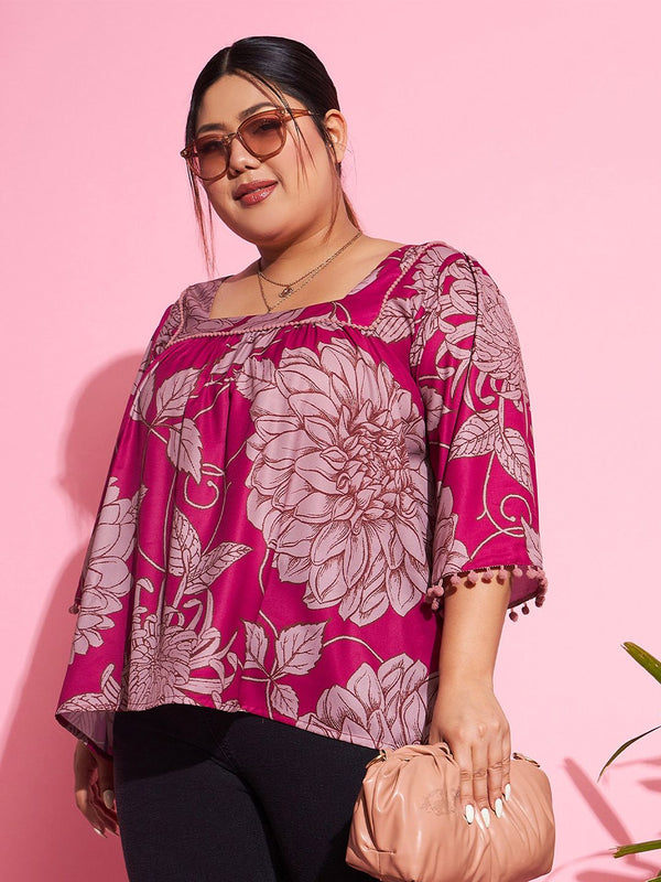SASSAFRAS Curve Plus Size Magenta Floral Printed Square Neck Top