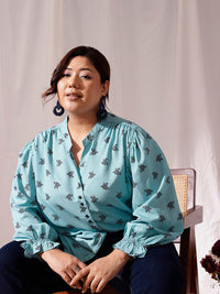 CURVY STREET Plus Size Comfort Floral Printed Mandarin Collar Casual Shirt