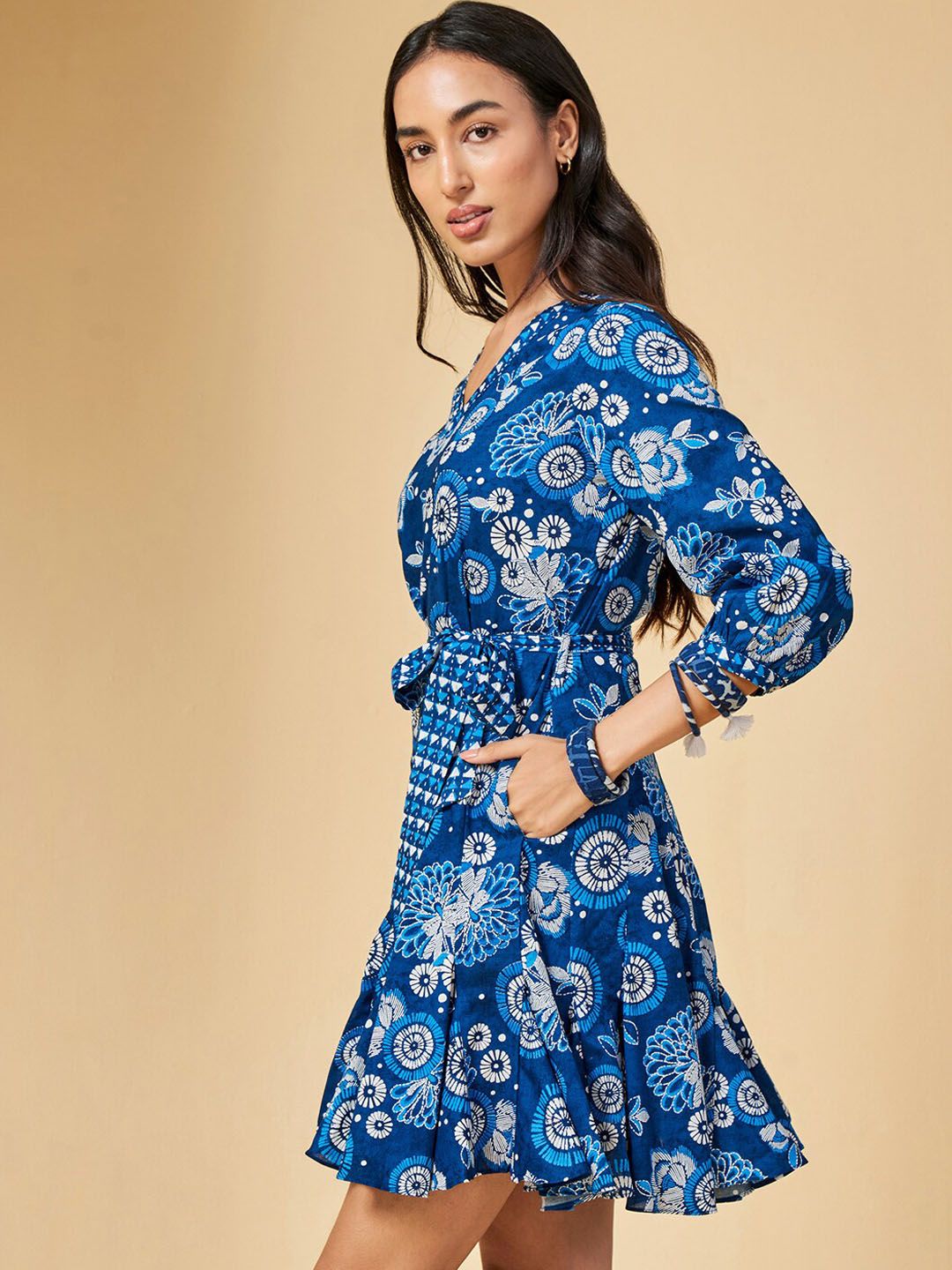 Global Desi Floral Printed Cuffed Sleeves Gathered Cotton Fit & Flare Ethnic Dress