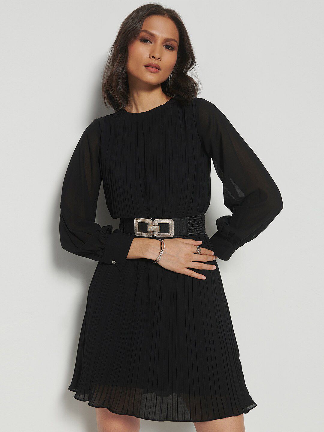 AND Cuffed Sleeves Accordion Pleated A-Line Dress