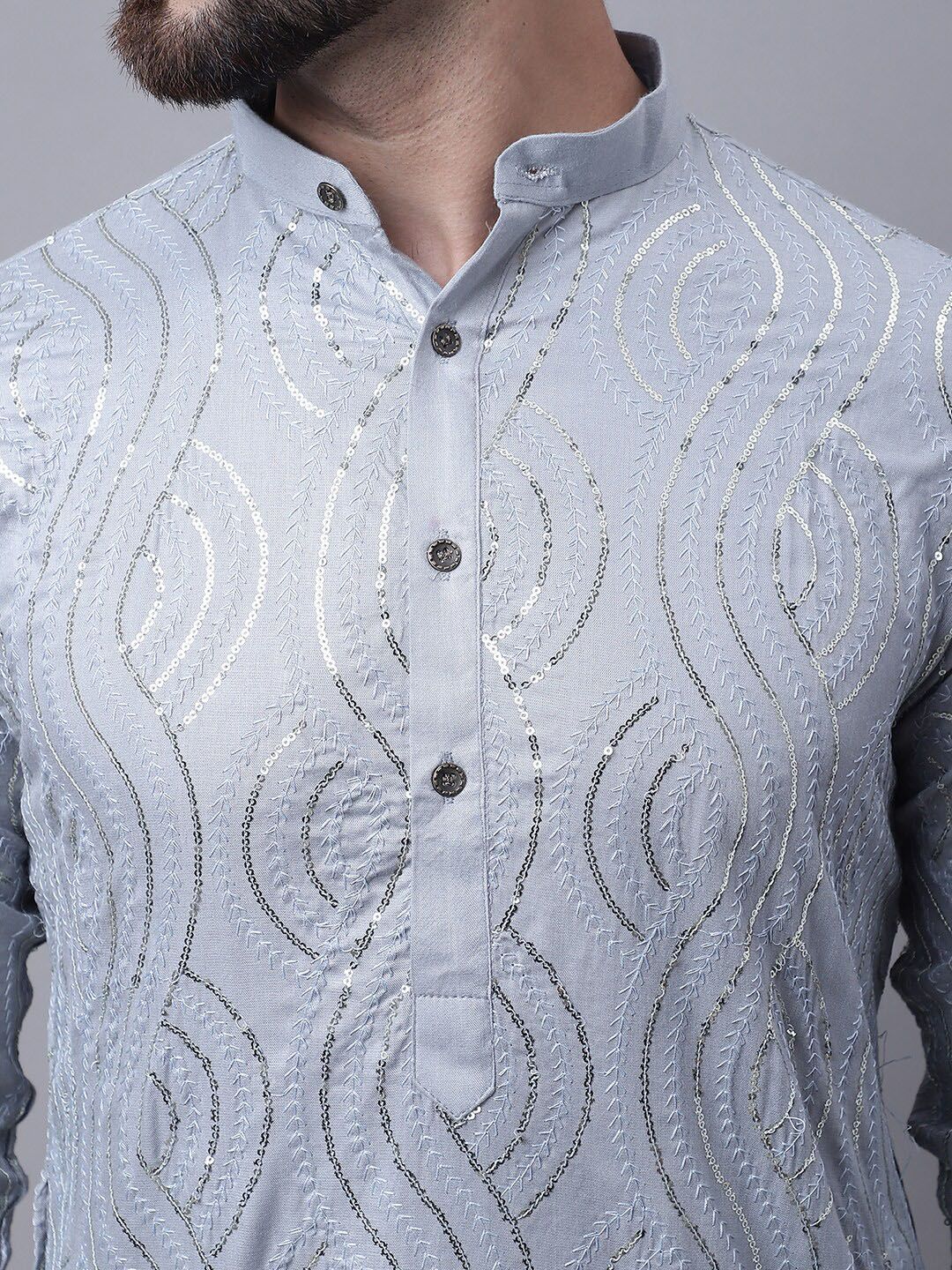 SOJANYA Motif Etnik Kurta Kapas Tulen Labuci Biasa Dengan Piyama & Jaket Nehru