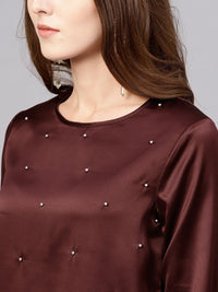 STREET 9 Women Burgundy Satin Embellished Top