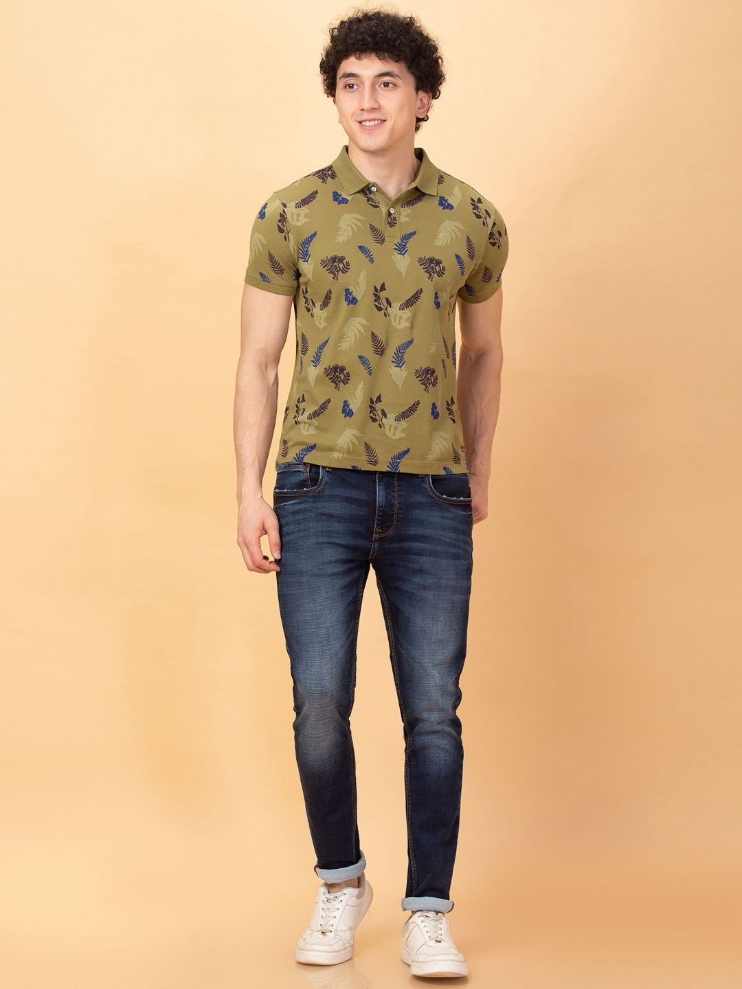 Being Human Men Floral Printed Polo Collar Applique T-shirt