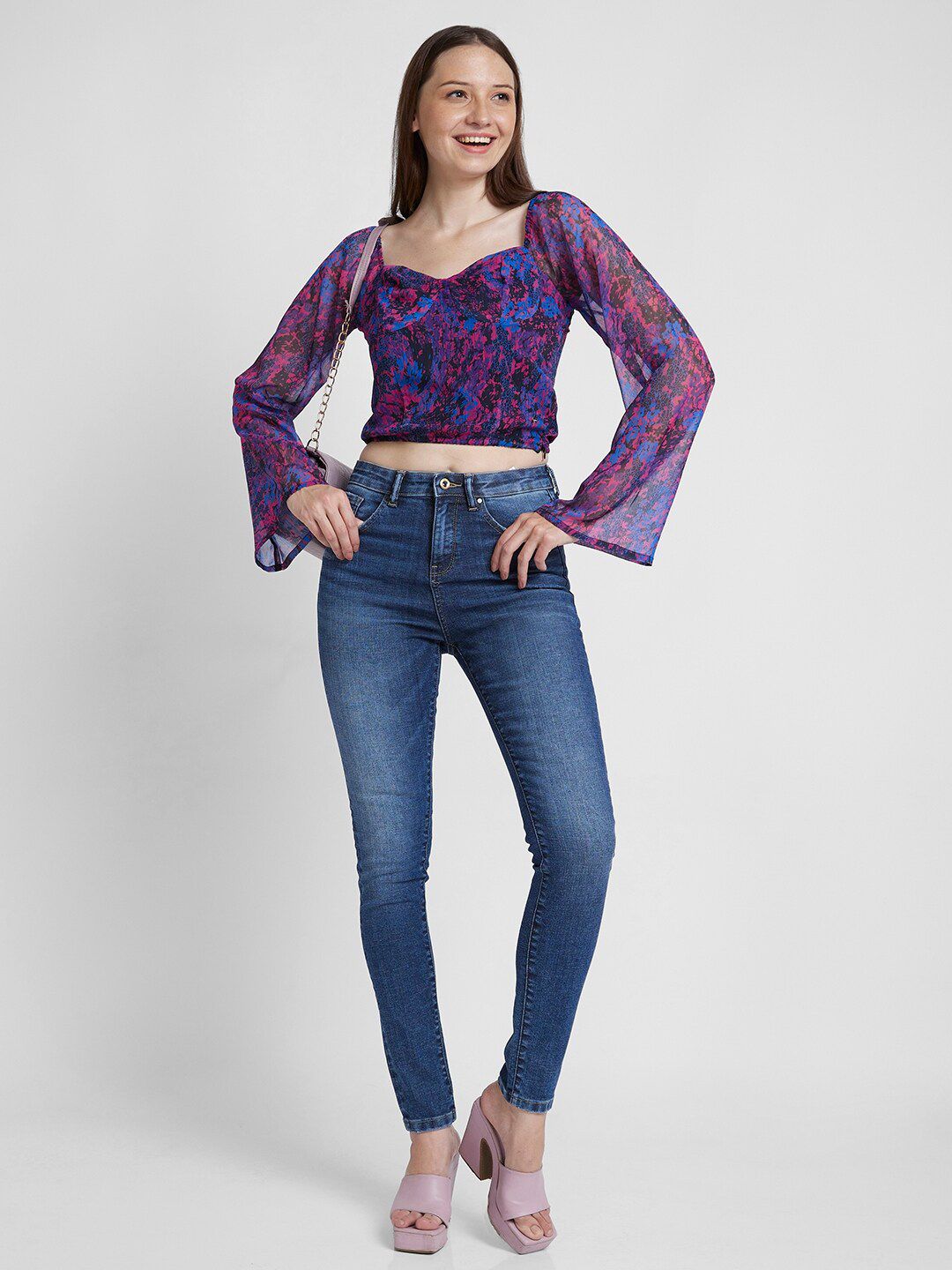 SPYKAR Abstract Printed Sweetheart Neck Bell Sleeves Cotton Crop Top