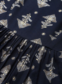 Anouk Women Navy Blue & Grey Ethnic Motifs Printed Kurta with Sharara & Dupatta