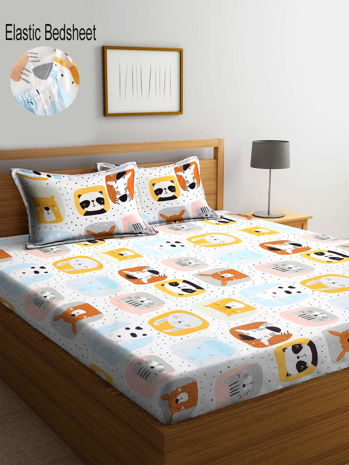 KLOTTHE White & Yellow Graphic 300 TC Fitted Double King Bedsheet with 2 Pillow Cover