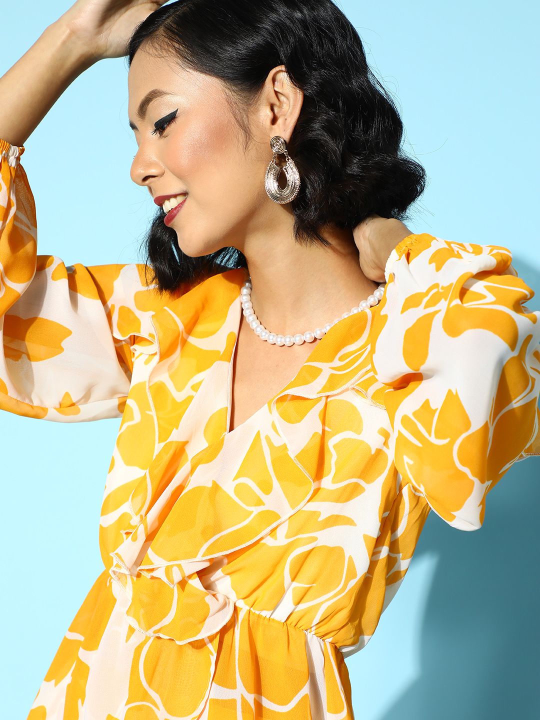 SASSAFRAS Women Lovely Mustard Floral Ruffled Top