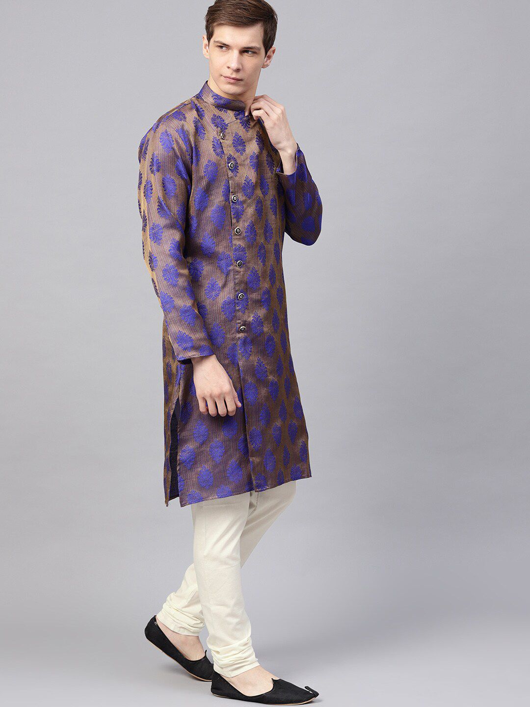 SOJANYA Woven Design Mandarin Collar Silk Cotton Angrakha Kurta