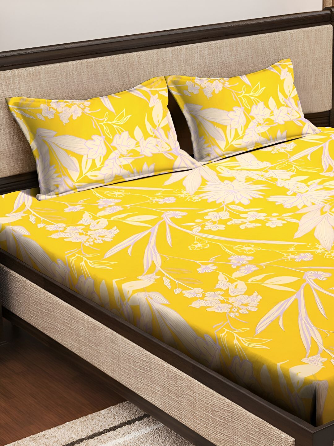 KLOTTHE Yellow Floral Printed 300TC Fitted Double King Bedsheet With 2 Pillow Covers