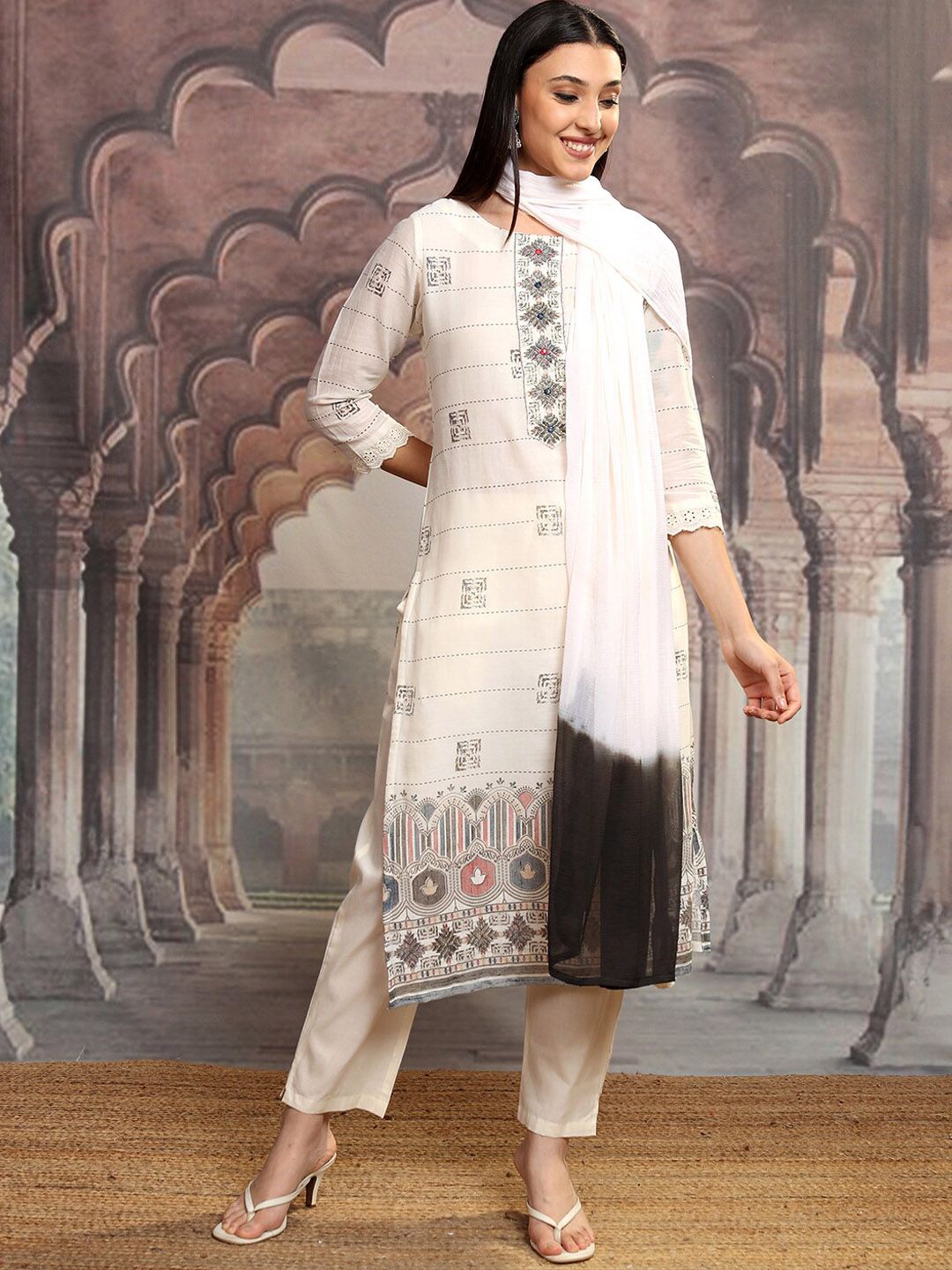 Vishudh Off White Ethnic Printed Thread Work Pure Cotton Kurta with Trousers & Dupatta