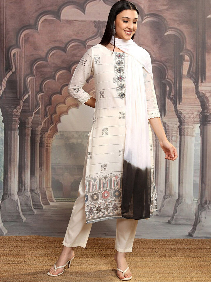 Vishudh Off White Ethnic Printed Thread Work Pure Cotton Kurta with Trousers & Dupatta