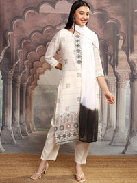 Vishudh Off White Ethnic Printed Thread Work Pure Cotton Kurta with Trousers & Dupatta