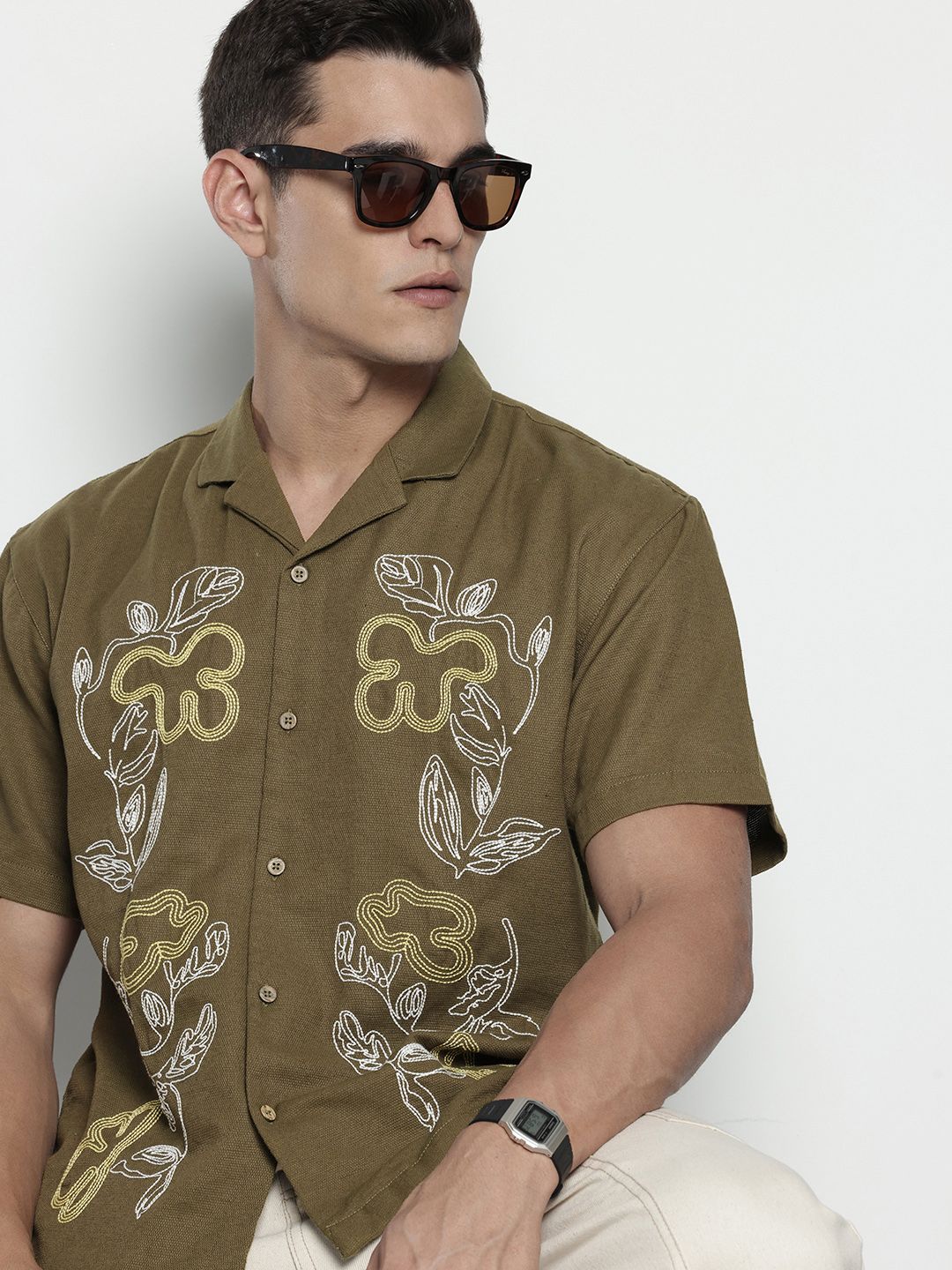 The Indian Garage Co. Relaxed Fit Opaque Floral Embroidered Pure Cotton Casual Shirt