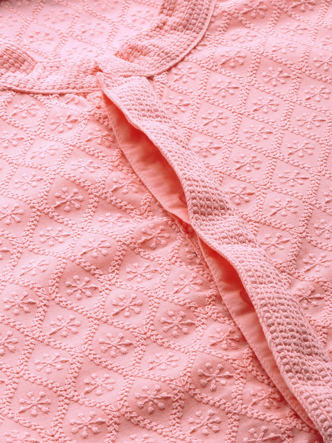 House of Pataudi Men Pink Authentic Hand Embroidered Chikankari Kurta