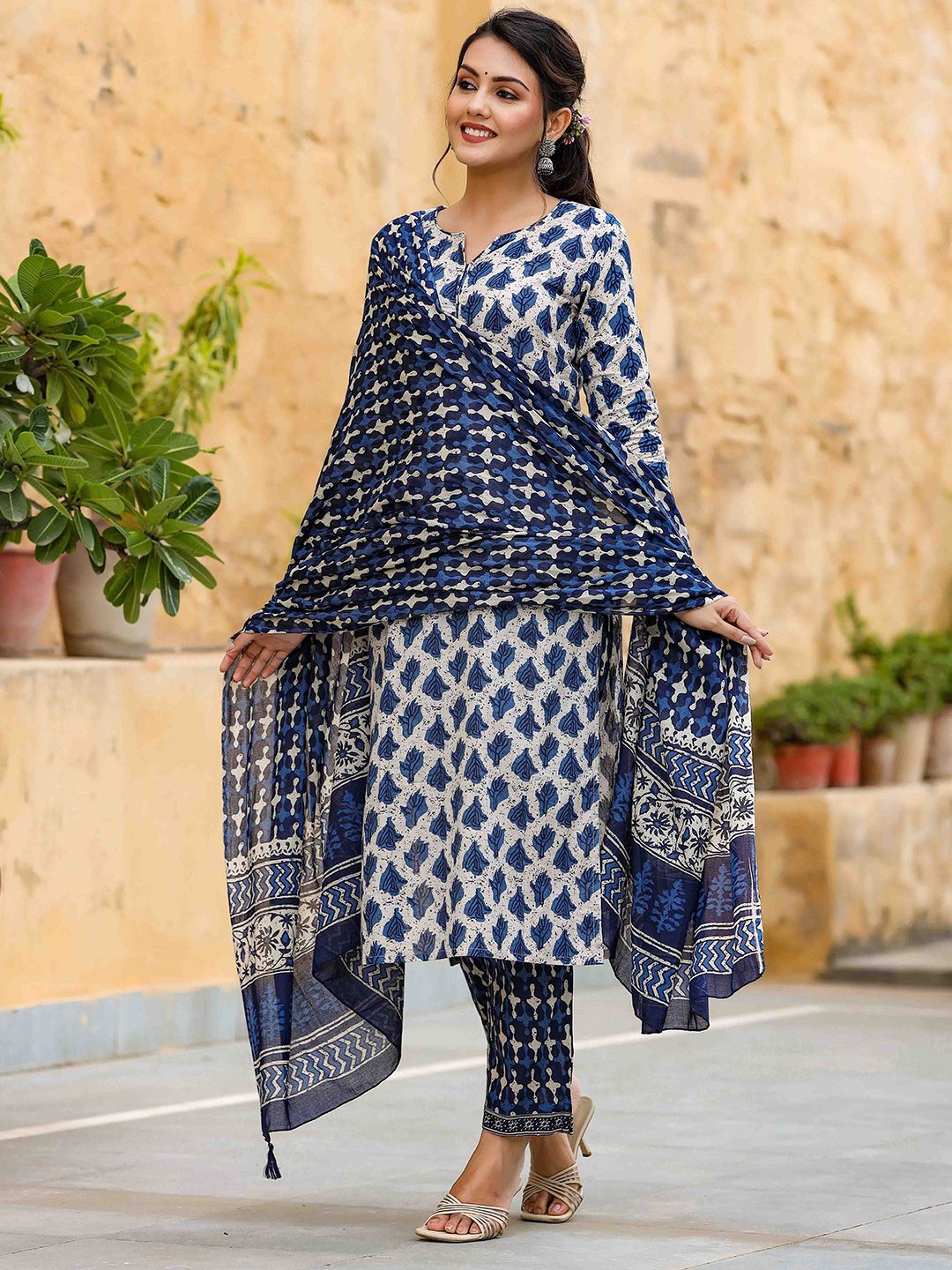KALINI Ethnic Motifs Printed Straight Kurta with Trousers & Dupatta
