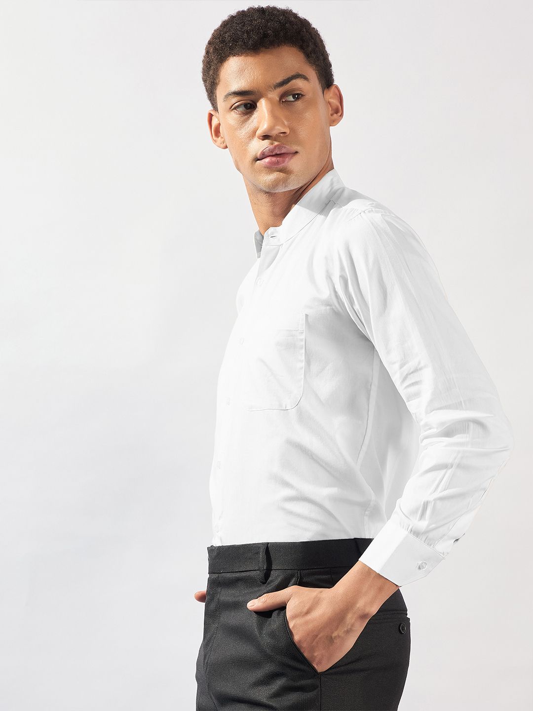 DENNISON Men Mandarin Collar Long Slevees Cotton Smart Casual Shirt