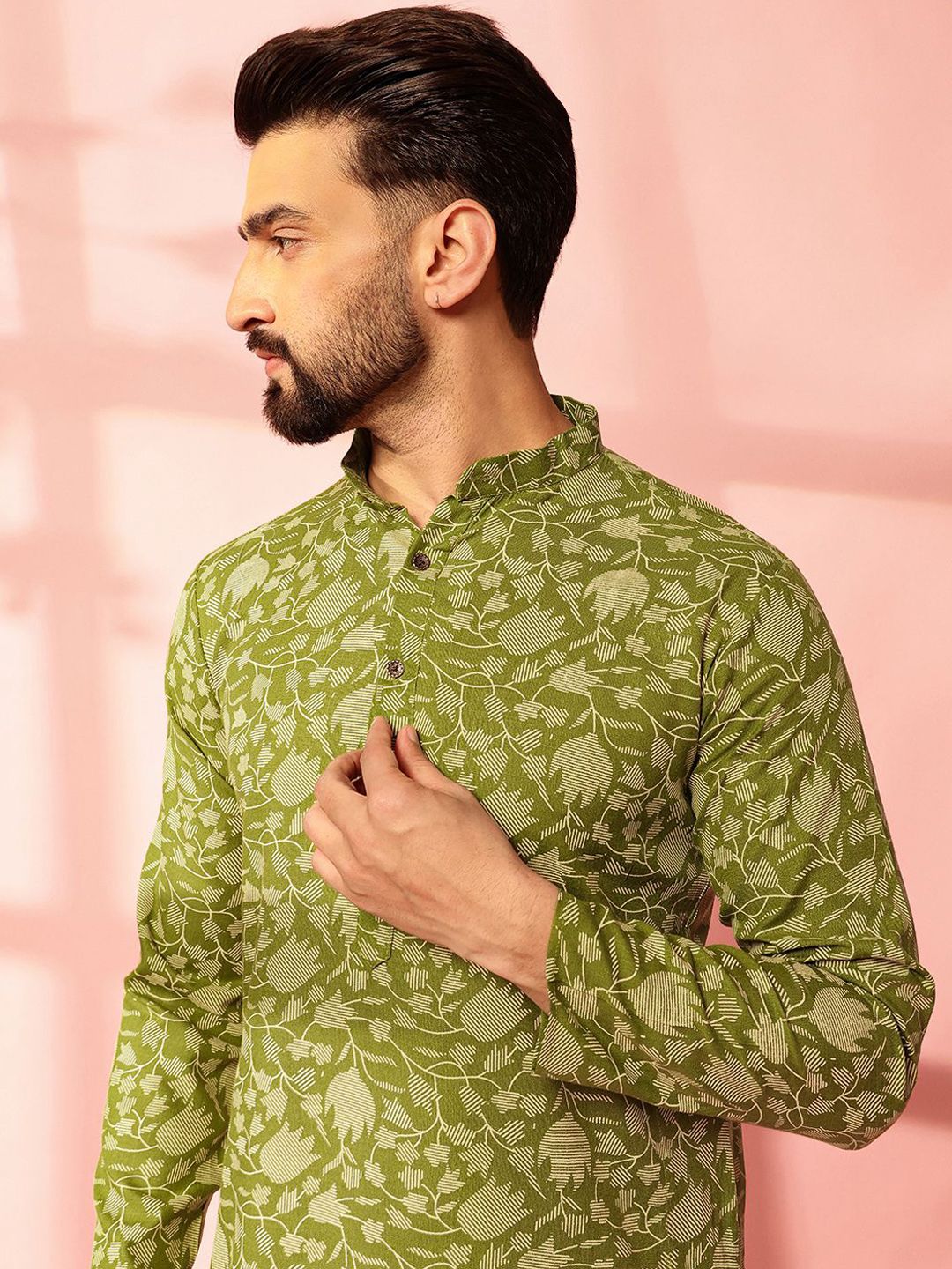 Anouk Floral Printed Band Collar Cotton Linen Straight Kurta