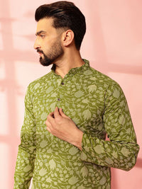 Anouk Floral Printed Band Collar Cotton Linen Straight Kurta