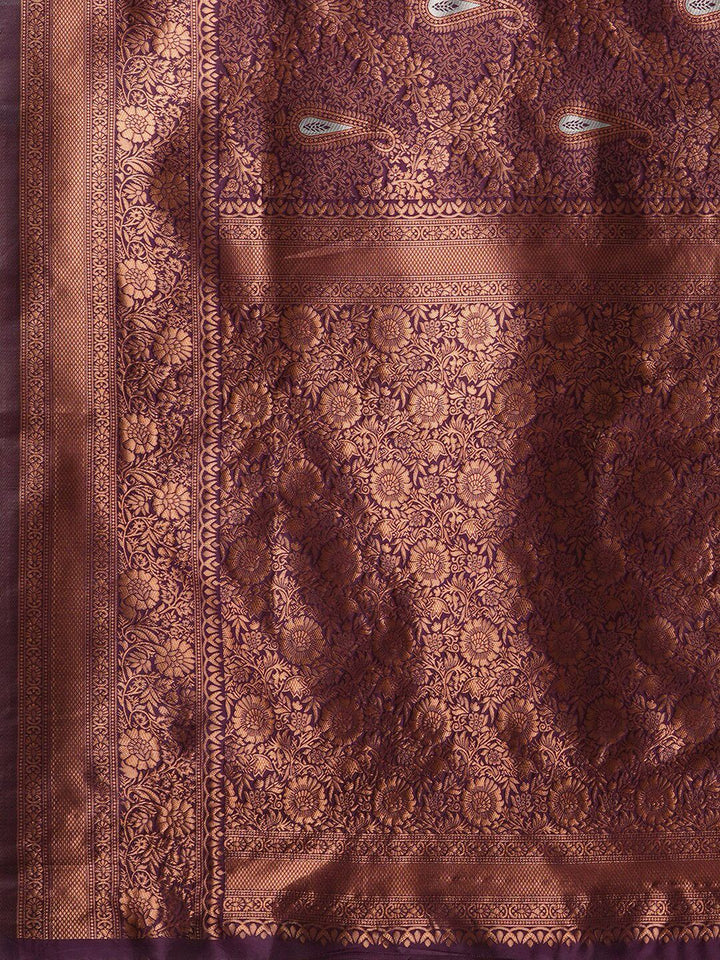 Saree mall Burgundy & Copper-Toned Woven Design Zari Silk Blend Dharmavaram Sarees