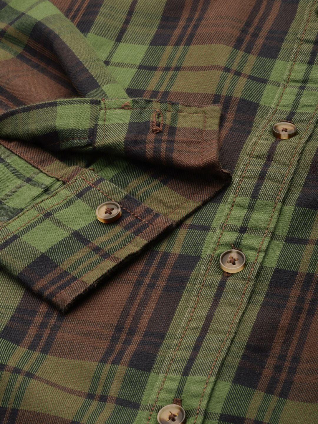 The Indian Garage Co Men Brown & Green Checked Pure Cotton Casual Shirt