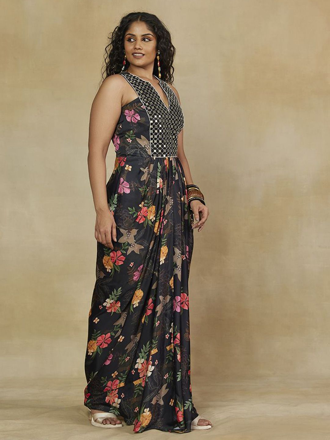 Pakaian Maxi Satin Bercetak Bunga Mamicha Wanita