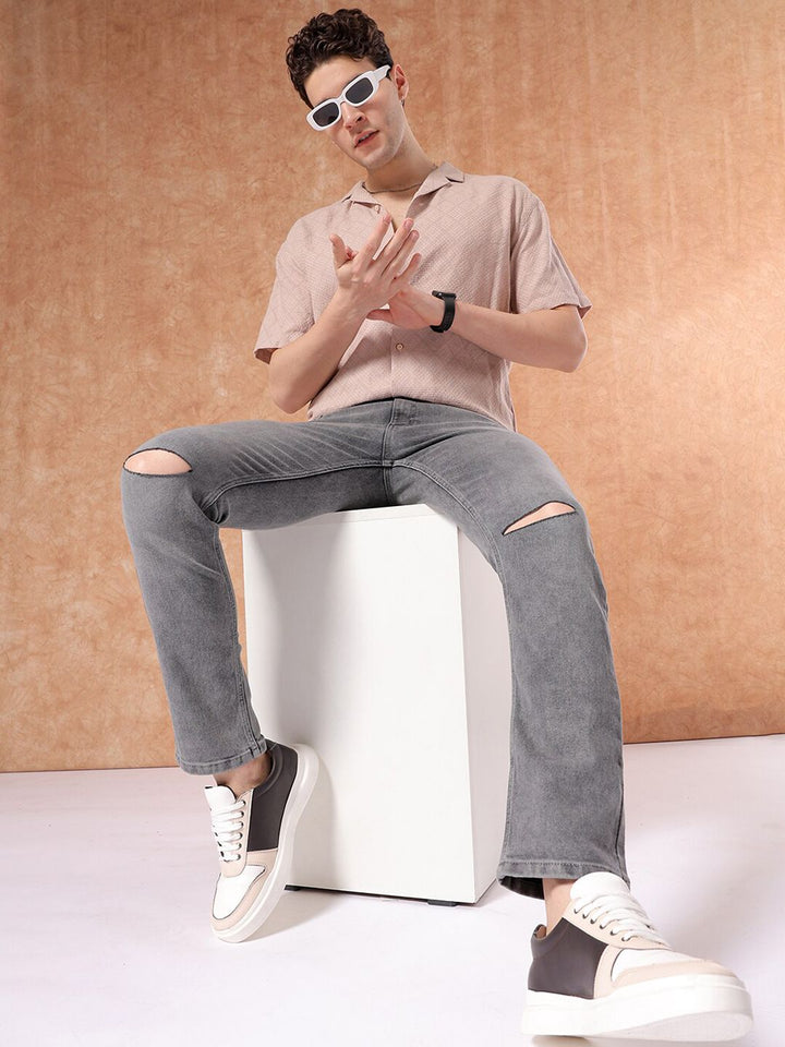 The Indian Garage Co Men Straight Fit Slash Knee Light Fade Stretchable Jeans