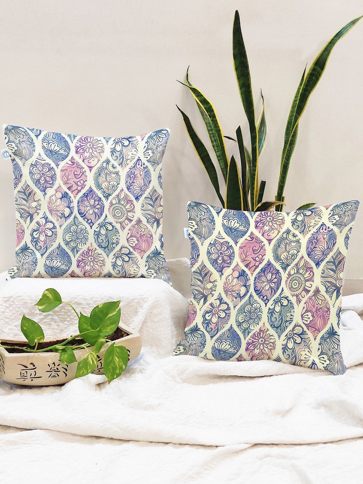 STITCHNEST Set Of 2 Blue & Cream-Coloured Geometric Square Cushion Covers